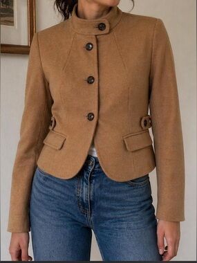 Old Navy Camel Cropped Military Jacket Tan Structured Blazer Preppy Size S